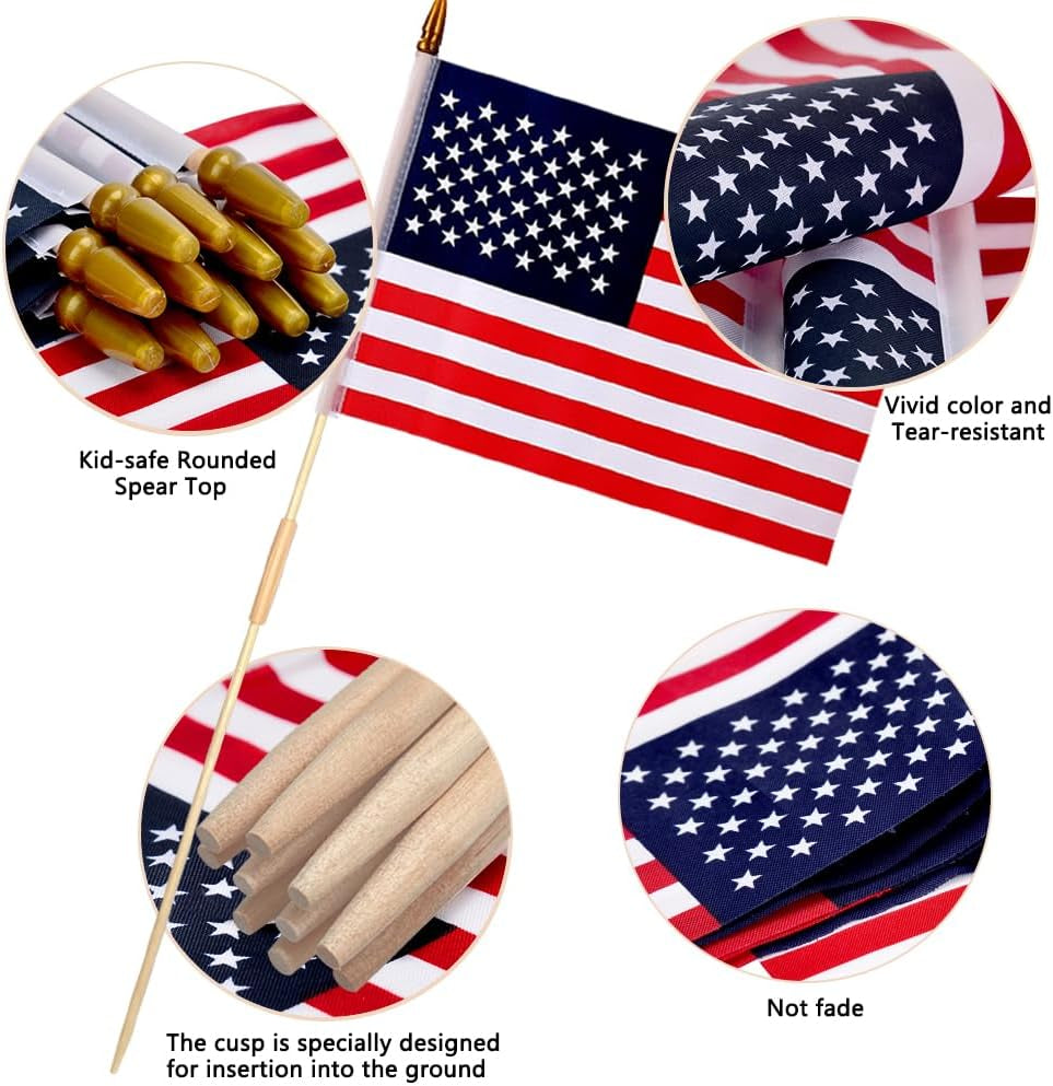 12 Pcs 12X18 Inch American Flags on Stick, American Flags for Outside, USA Stick Flag with Handheld and Grounded Multi-Purpose Flagpole, Design for Memorial Day, 4Th of July, Veterans Day, outside Decorations